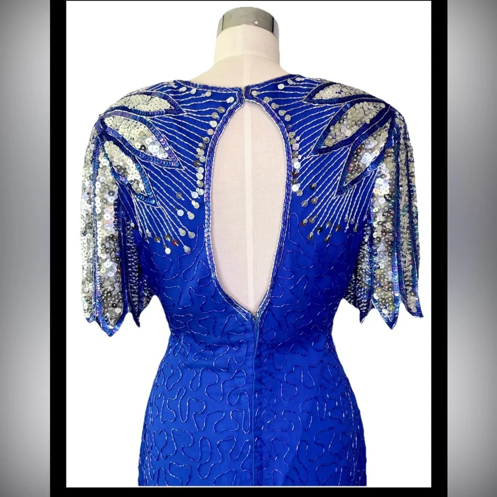 Laurence Kazar Vintage 80’s Blue Dress w/ Silver‎ Peacock Sequins and Open Back - Picture 9 of 10